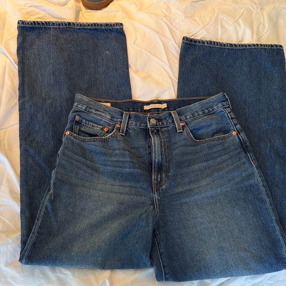 Levi's Dark Blue Ribcage Wide Leg Flare Long Tall Jeans W31 L34 - Picture 3 of 7